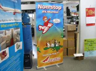 Banner stands for non-stop JFK-Mumbai