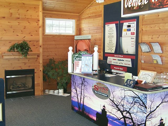 Showroom with fireplace