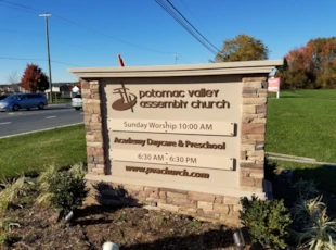 Monument Sign with attached dibond panels for Potomac Valley Assembly Church in Germantown, MD 