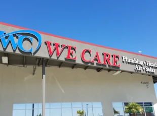 dimensional lettering, logo, illuminated, light, we care, plumbing, heating, solar, air, signs by tomorrow, murrieta, inland valley, southern california