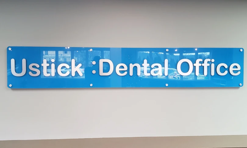 Acrylic dimensional lettering on acrylic back panel lobby sign