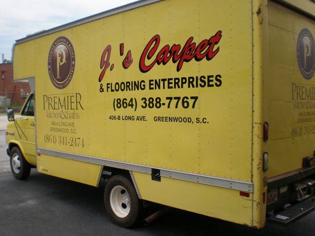 Premier Kitchen & Bath  &  J's Carpet in Greenwood, SC. Digital Graphics on Box Truck