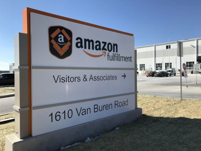 Amazon Monument Business Sign - Photo of the Completed installation at Amazon of the Lehigh Valley in Easton PA - This Business Entrance Sign helps with navigation for employees and conveys the company image as a first impression for all visitors to the facility