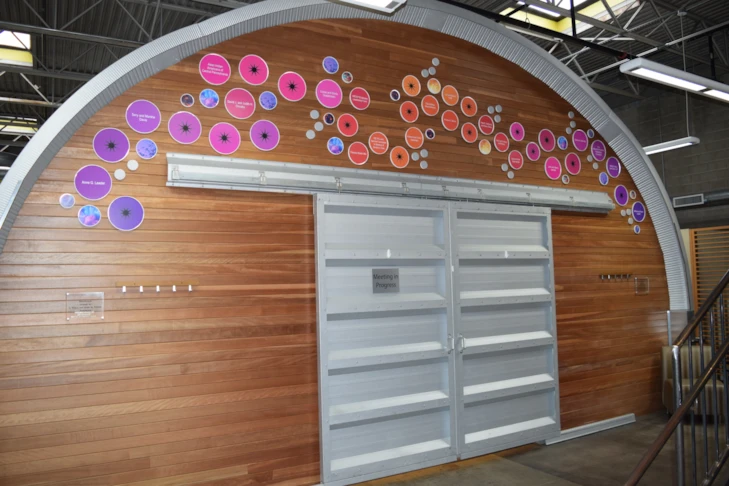 an 18 foot wide donor recognition wall to highlight the beautiful indoor meeting space with consideration for the vision impaired.