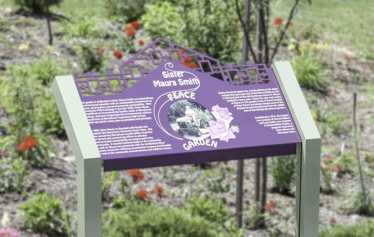 Interpretive Angle-back sign for Peace Garden