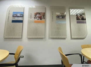 Custom shaped front and back printed acrylic signs literally floating on the wall with no hardwrae visible at all | Hospitality & Lodging | Schaumburg, IL | Acrylic