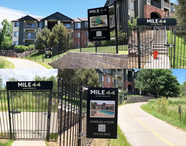 Various outdoor aluminum signs at Mile 44