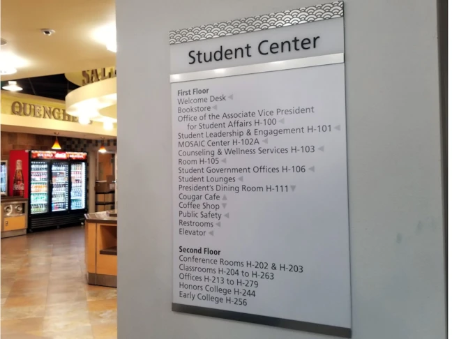 Directory sign for Frederick Community College with window section and changeable insert